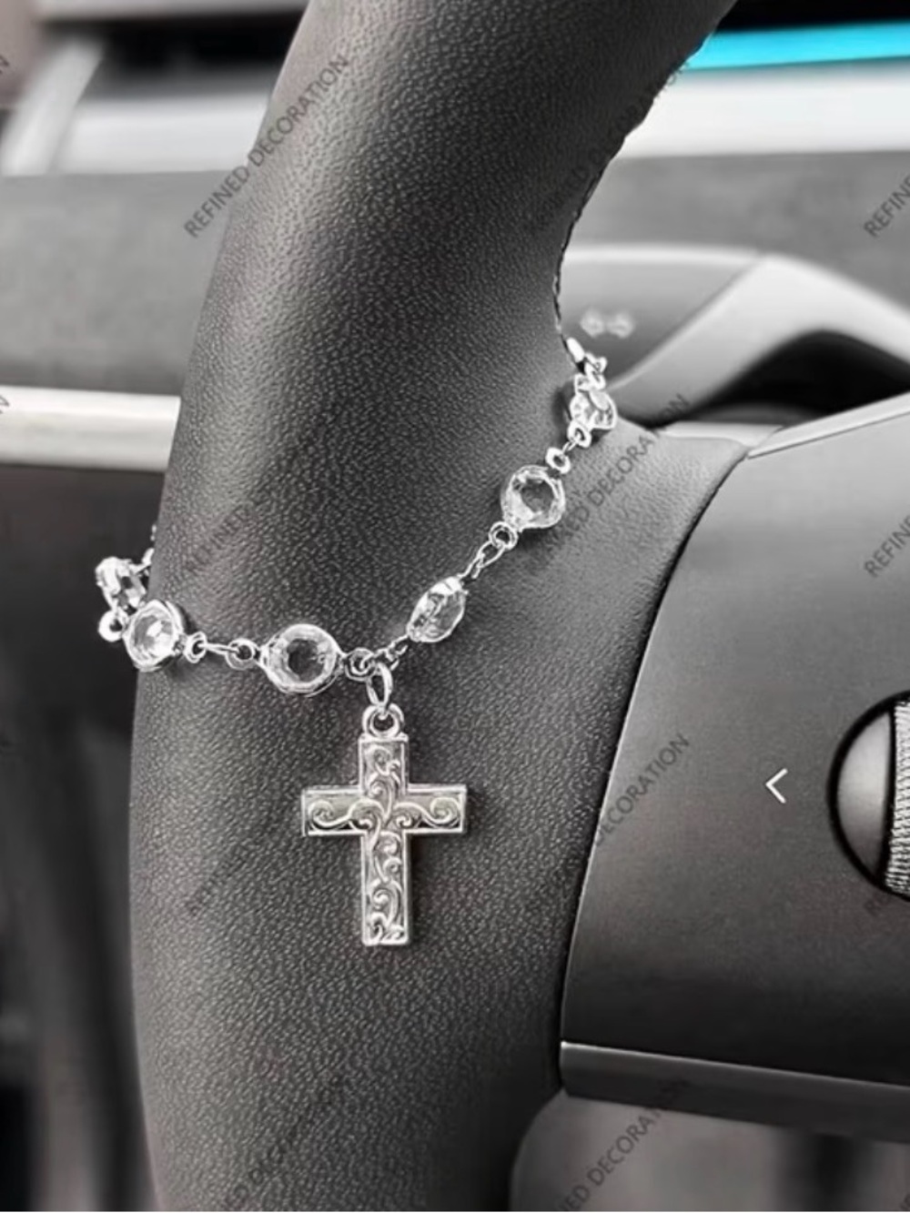 Sterling Silver Clear Crystal Rosary Cross Steering Wheel Bracelet